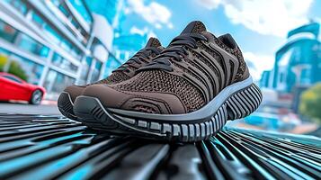 Stylish black running shoes positioned on a textured surface in an urban setting with bright buildings photo