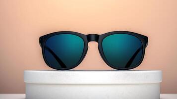 Stylish black sunglasses displayed on a white box against a soft peach background photo