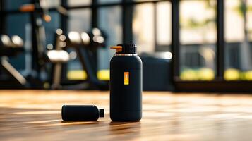 Stylish black water bottles on a wooden floor in a modern gym with fitness equipment in background photo