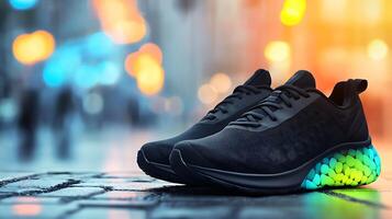 Stylish black running shoes with vibrant sole on urban street during sunset, showcasing modern design photo