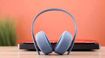 Stylish blue headphones placed on a wooden table in front of a vibrant orange wall with a record player photo