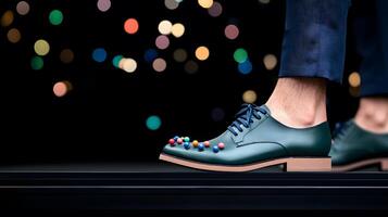 Stylish blue shoes adorned with colorful beads, showcased on a runway with a blurred festive background photo