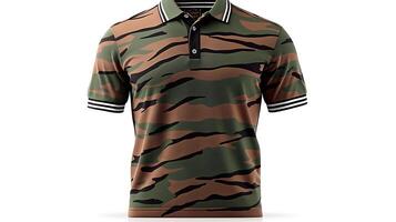 Stylish camouflage polo shirt with bold tiger stripe pattern displayed on a clean background photo