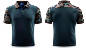 Stylish camouflage polo shirt displayed from front and back, showcasing modern design and color scheme photo