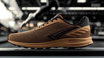 Stylish brown running shoe showcased on a treadmill in a modern gym setting with blurred athletes photo