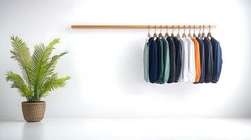 Stylish clothing display on a minimalist wall with a potted plant in a modern setting photo