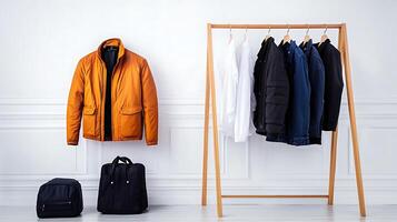 Stylish clothing display featuring an orange jacket and various garments on a rack in a minimalist setting photo