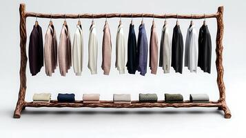 Stylish clothing display on a rustic wooden rack showcasing various garments in a minimalist setting photo