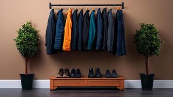 Stylish clothing display with various jackets on a rack, complemented by potted plants and footwear photo