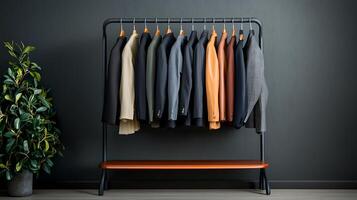Stylish clothing rack displaying a variety of suits against a modern, minimalist backdrop photo