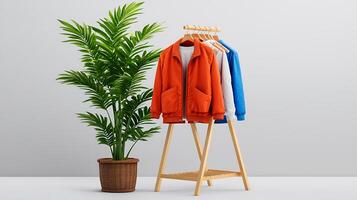 Stylish display of colorful jackets on a wooden rack beside a potted plant in a minimalist setting photo