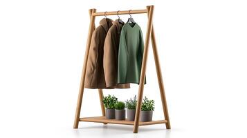 Stylish display of three jackets on a wooden rack with potted plants in a minimalist setting photo
