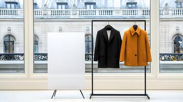 Stylish display of a black and a yellow coat in a modern boutique with elegant architecture outside photo