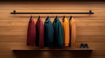 Stylish display of colorful hoodies hanging on a wooden rack in a minimalistic setting photo