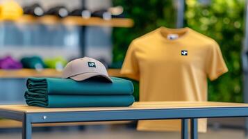 Stylish display of folded green towels and a cap beside a yellow shirt in a modern retail space photo