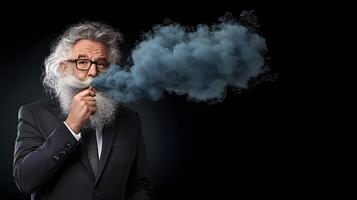 Stylish elderly man with a beard smoking a pipe, surrounded by a dramatic smoke cloud, indoors photo