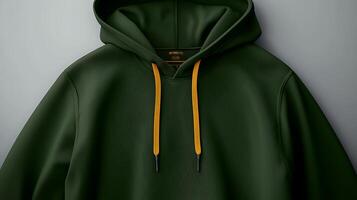 Stylish green hoodie with contrasting yellow drawstrings displayed on a neutral background photo