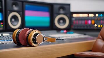 Stylish headphones resting on a sound mixing console in a modern recording studio setting photo