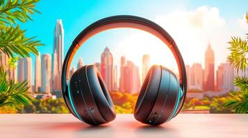 Stylish headphones resting on a table with a vibrant city skyline and lush greenery in the background photo