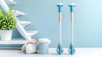 Stylish indoor scene featuring modern walking aids beside decorative items on a minimalist shelf photo