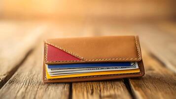 Stylish leather wallet with cards on rustic wooden table, warm light enhancing texture photo
