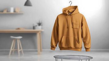 Stylish mustard hoodie displayed on a hanger in a modern, minimalistic living room setting photo