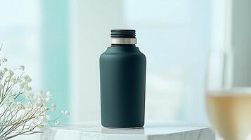 Stylish matte black water bottle on a marble table with a glass of wine and flowers in a bright setting photo