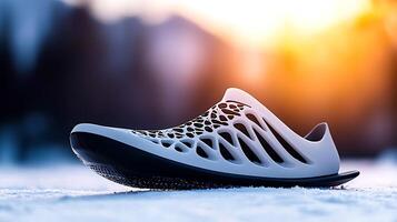 Stylish modern footwear resting on snow with a sunset backdrop, emphasizing design and texture photo