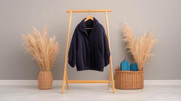Stylish navy blue oversized sweatshirt displayed on a wooden rack with decorative plants in a modern setting photo