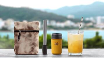 Stylish outdoor setting featuring a reusable drink container, straw, and a refreshing beverage by the beach photo
