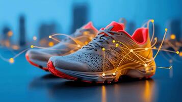 Stylish running shoes with glowing lines on a city background at dusk, showcasing modern design photo