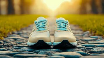 Stylish running shoes positioned on a cobblestone path at sunset with a blurred park background photo