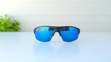 Stylish sunglasses with reflective blue lenses displayed on a clean surface with greenery in background photo