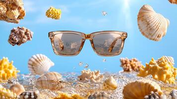 Stylish sunglasses floating among seashells in clear water, with a bright blue sky backdrop photo