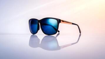 Stylish sunglasses with reflective lenses on a smooth surface, illuminated by soft light photo
