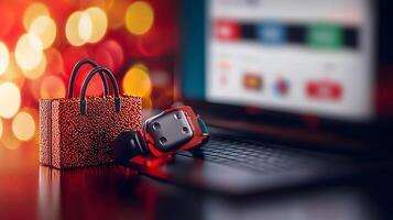 Stylish shopping bag and headphones on a laptop, with blurred festive lights in the background photo