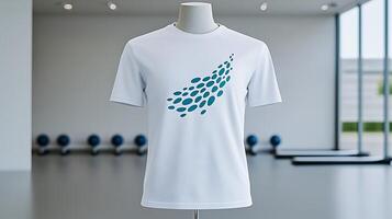 Stylish white athletic shirt displayed in a bright gym with fitness equipment in the background photo