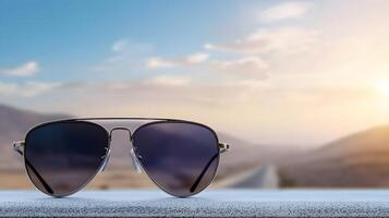Stylish sunglasses resting on a ledge with a scenic sunset view and winding road in the background photo