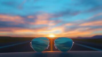 Stylish sunglasses resting on a dashboard, reflecting a vibrant sunset over an open road photo