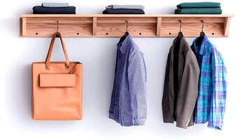 Stylish wooden coat rack displaying neatly folded clothes and hanging garments in a modern setting photo