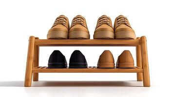 Stylish wooden shoe rack displaying various pairs of shoes in a minimalistic setting photo