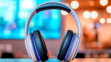 Stylish wireless headphones resting on a table with a blurred, colorful background photo
