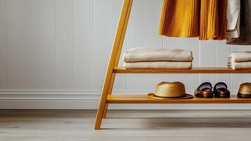 Stylish wooden shelf displaying neatly folded towels, a hat, and sandals in a bright, minimalist room photo