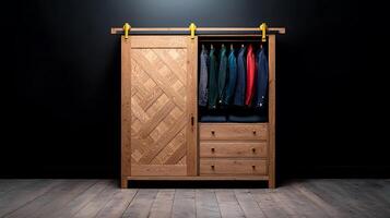 Stylish wooden wardrobe with sliding door displaying neatly arranged clothing in a modern setting photo