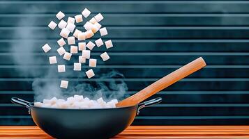 Sugar cubes cascading into a steaming black wok, set against a striped background photo