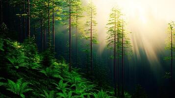 Sunlight filtering through tall trees in a lush green forest with ferns and soft mist photo