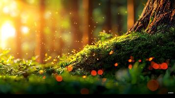 Sunlit forest scene with glowing particles and vibrant greenery near a tree trunk at dusk photo