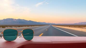 Sunglasses resting on a car dashboard with an open road and mountains in the background at sunset photo