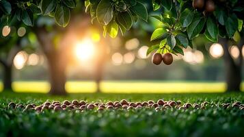 Sunlit orchard scene with fallen fruit on grass, showcasing nature's bounty and tranquility photo