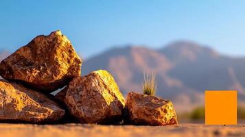 Sunlit desert landscape featuring vibrant rocks and sparse vegetation against distant mountains photo